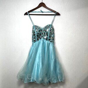 Vintage Juliet Y2K 90s Mini Prom Dress Sleeveless Ruffle Blue Beaded Halter XS